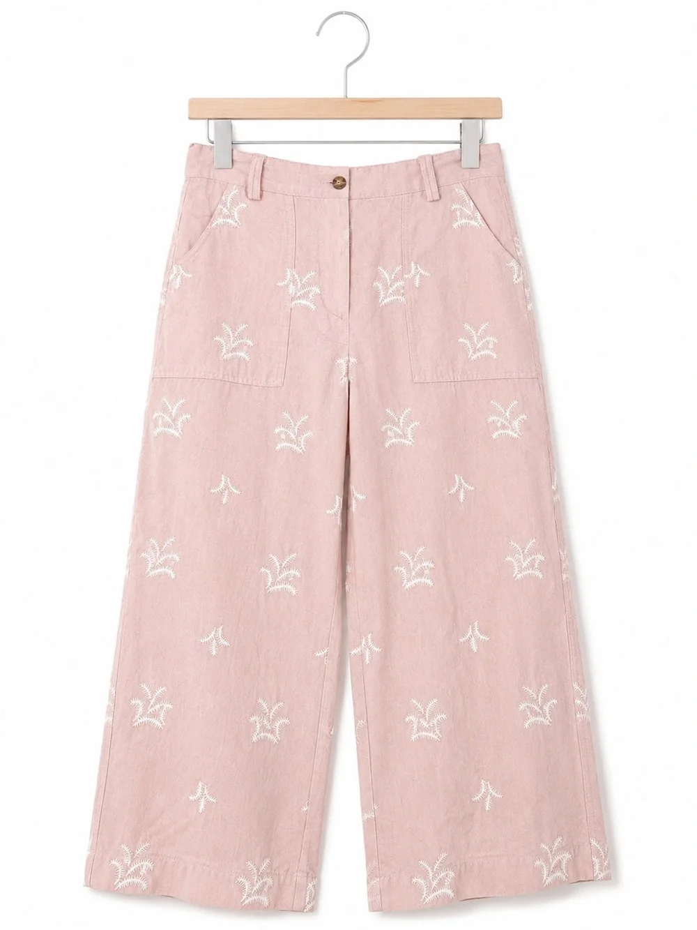 Zara Pink Embroidered Linen Blend Wide Leg Crop Pants Size M